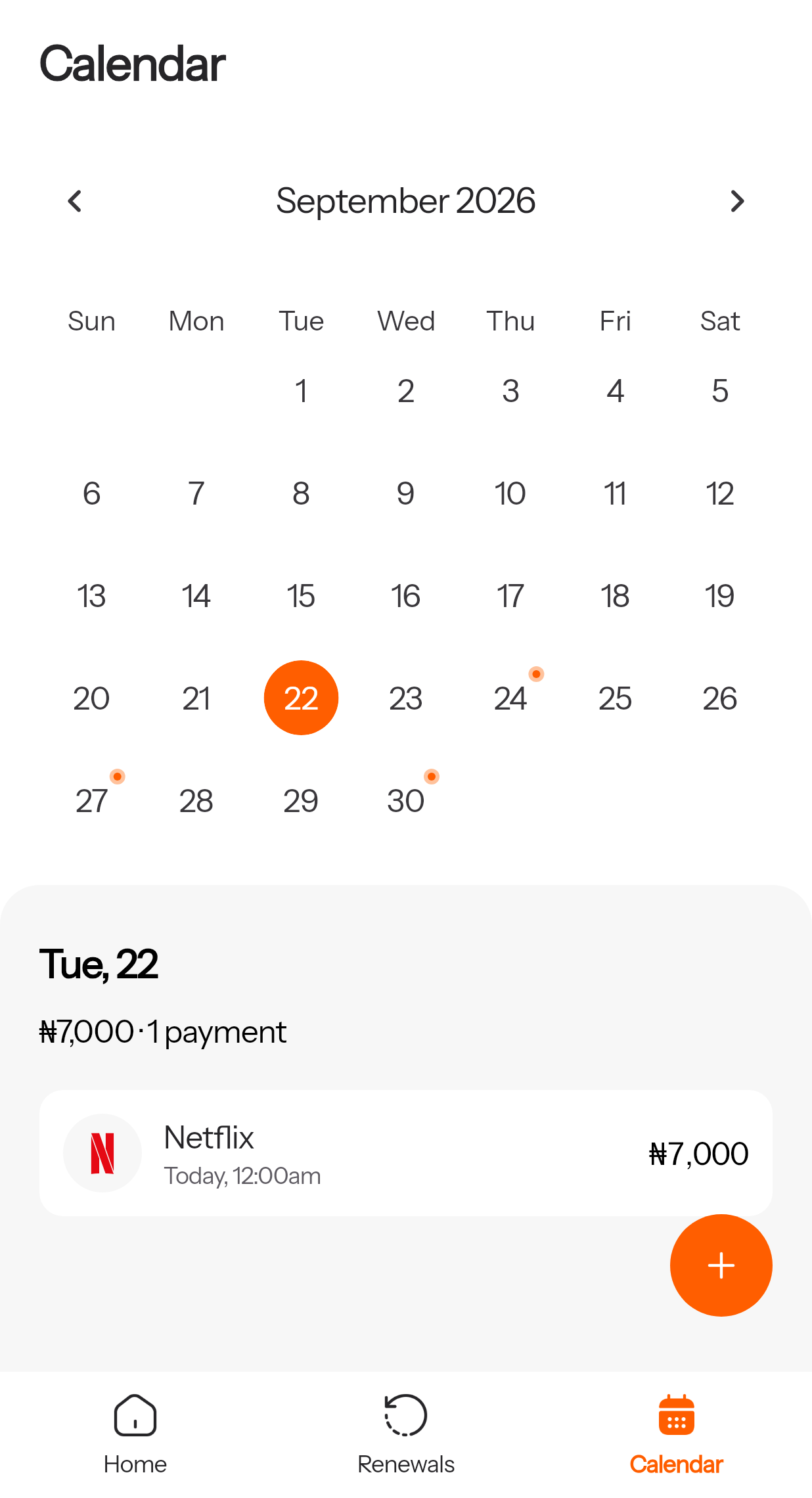 Renewly Calendar: renewal dates highlighted in orange and payments for the selected day.