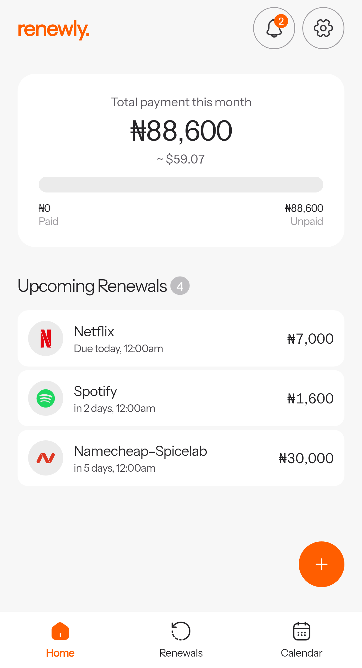 Renewly Home: monthly payments in naira, upcoming renewals and the add button.