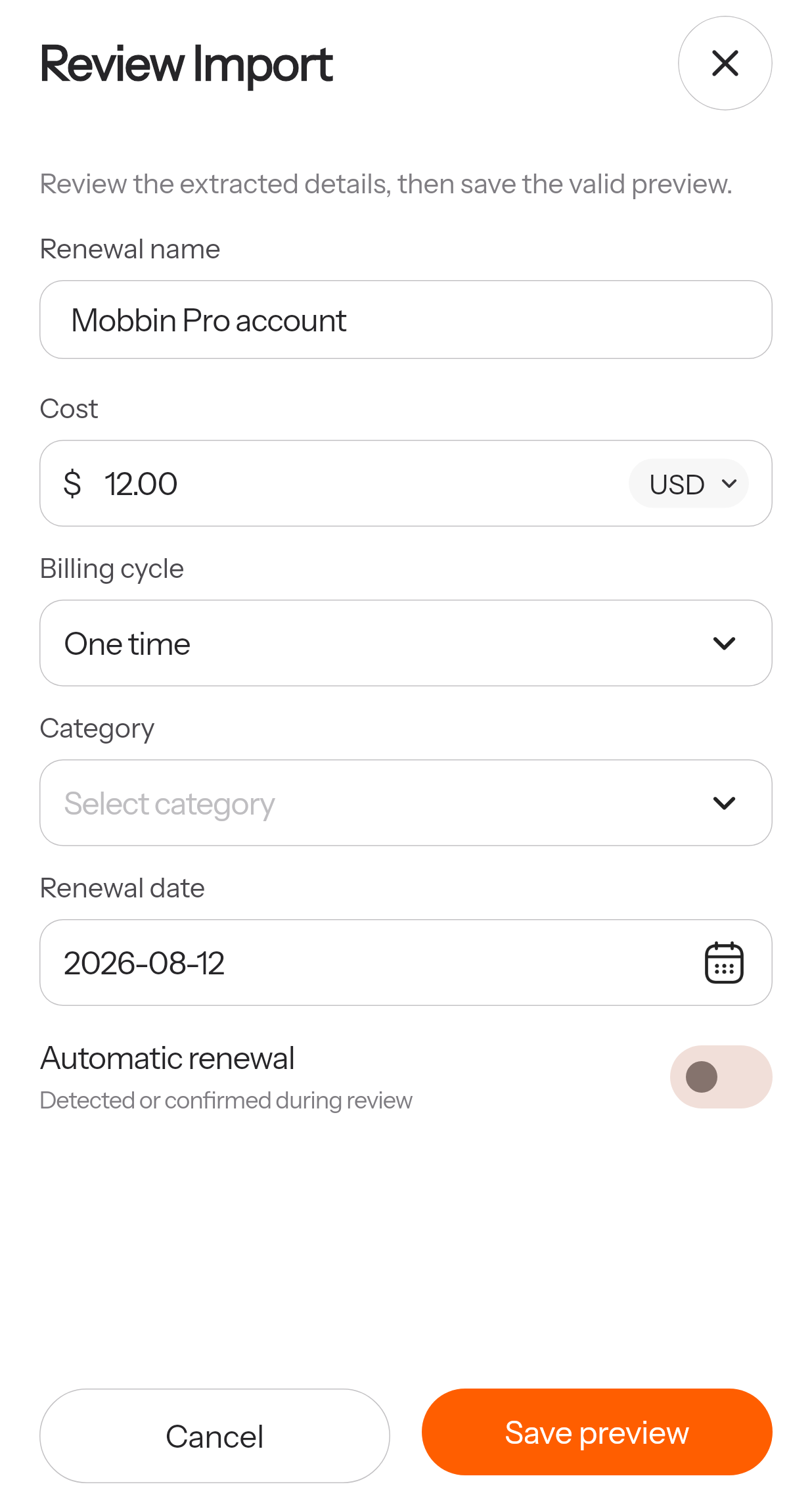 Real Renewly Review Import screen: editable renewal name, cost, category and date before saving.